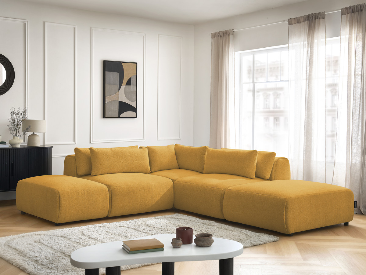 Modulaire vaste hoekbank met hoofdsteunen JANA gemêleerde stof met 2 fauteuils, 1 hoekelement en 2 poefs