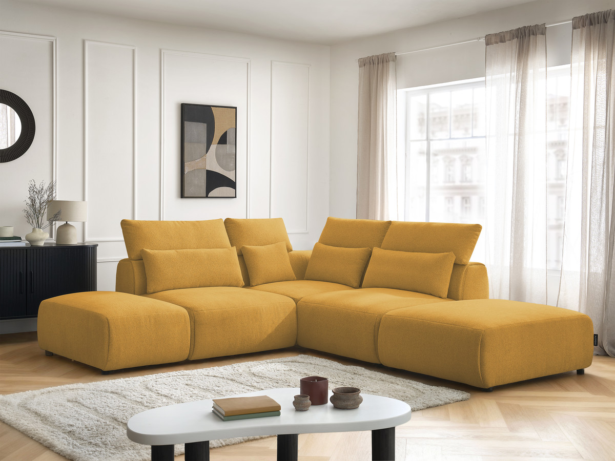 Modulaire vaste hoekbank met hoofdsteunen JANA gemêleerde stof met 2 fauteuils, 1 hoekelement en 2 poefs