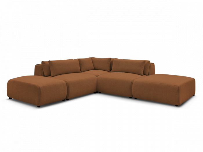 Canapé d'angle fixe modulable avec têtières JANA tissu chiné avec 2 chauffeuses, 1 angle et 2 poufs