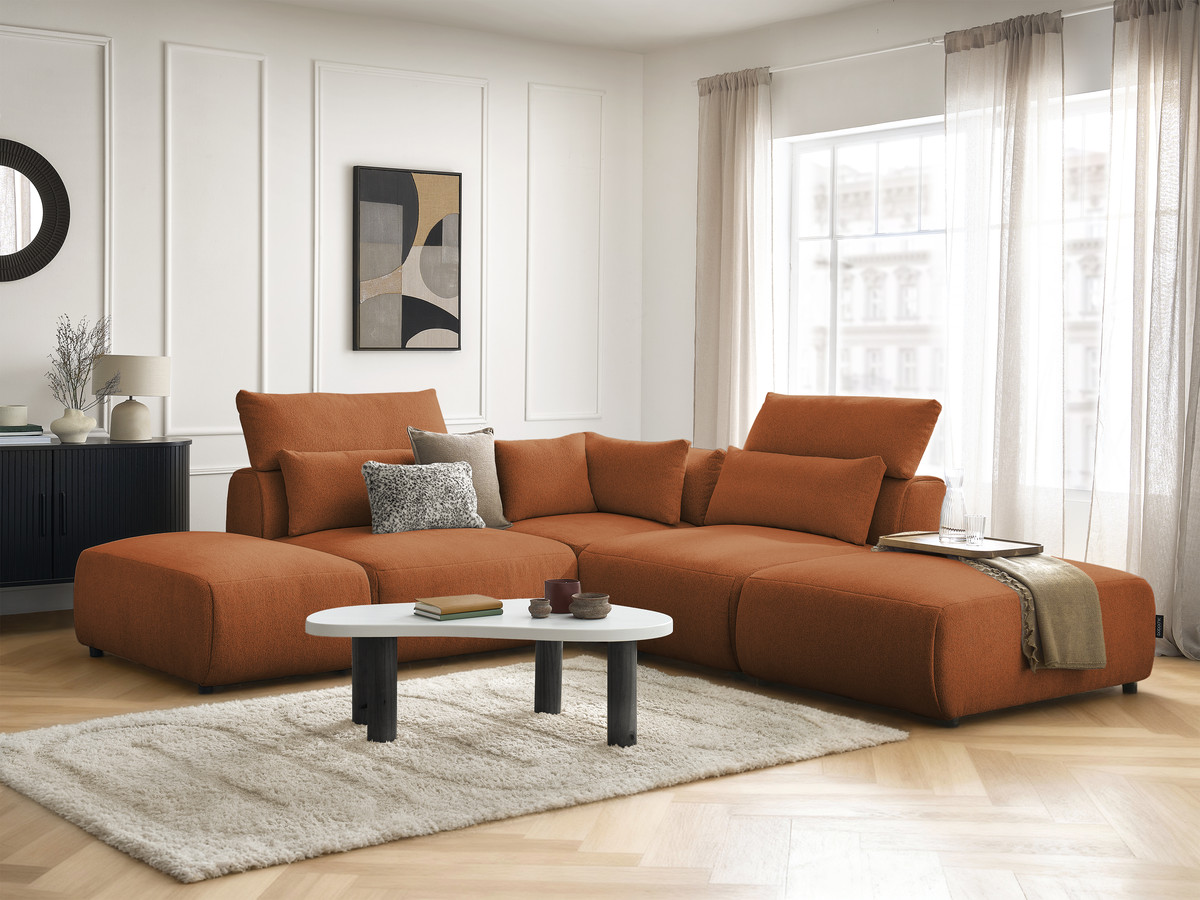 Canapé d'angle fixe modulable avec têtières JANA tissu chiné avec 2 chauffeuses, 1 angle et 2 poufs