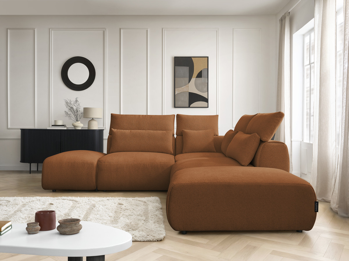 Modulaire vaste hoekbank met hoofdsteunen JANA gemêleerde stof met 2 fauteuils, 1 hoekelement en 2 poefs