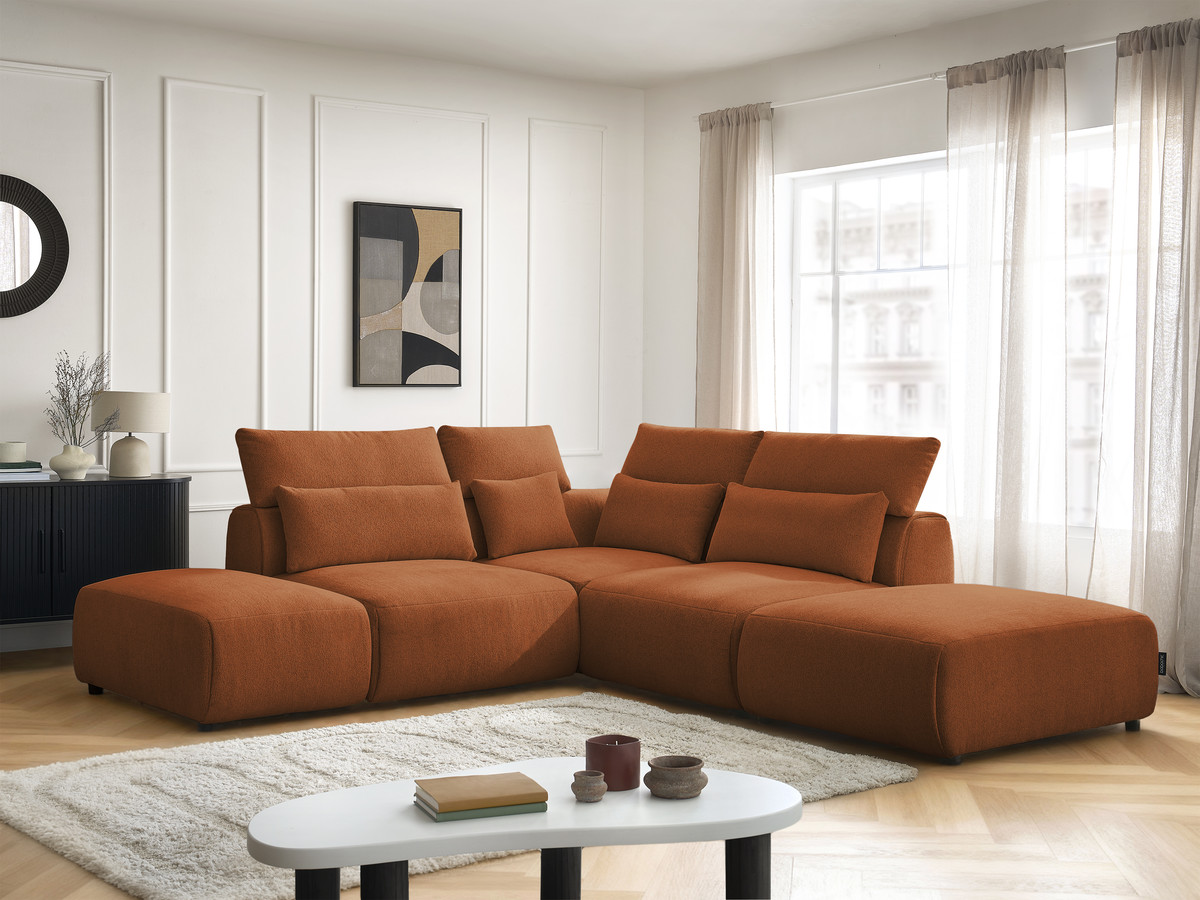 Modulaire vaste hoekbank met hoofdsteunen JANA gemêleerde stof met 2 fauteuils, 1 hoekelement en 2 poefs