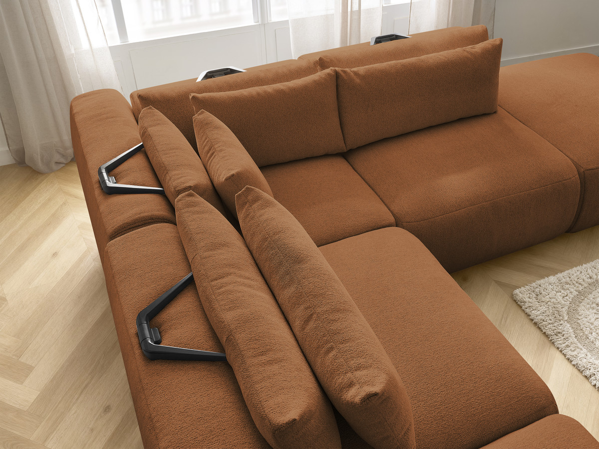 Modulaire vaste hoekbank met hoofdsteunen JANA gemêleerde stof met 2 fauteuils, 1 hoekelement en 2 poefs