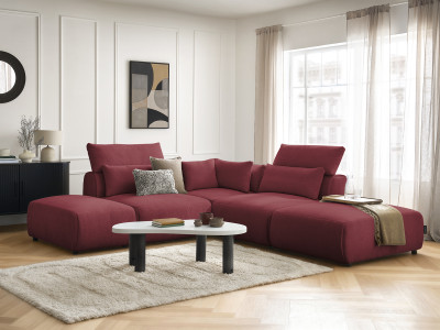 Canapé d'angle fixe modulable avec têtières JANA tissu chiné avec 2 chauffeuses, 1 angle et 2 poufs