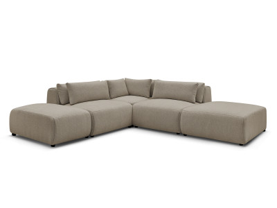 Canapé d'angle fixe modulable avec têtières JANA tissu chiné avec 2 chauffeuses, 1 angle et 2 poufs