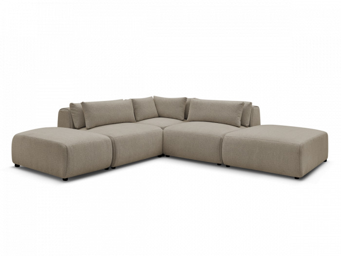 Canapé d'angle fixe modulable avec têtières JANA tissu chiné avec 2 chauffeuses, 1 angle et 2 poufs