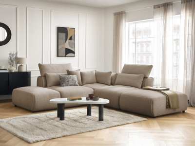 Canapé d'angle fixe modulable avec têtières JANA tissu chiné avec 2 chauffeuses, 1 angle et 2 poufs