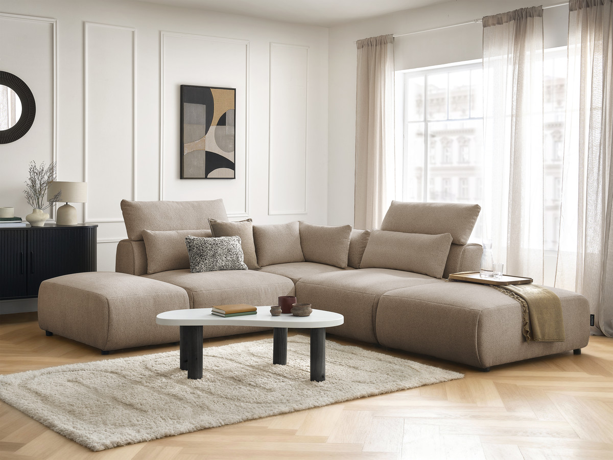 Modulaire vaste hoekbank met hoofdsteunen JANA gemêleerde stof met 2 fauteuils, 1 hoekelement en 2 poefs