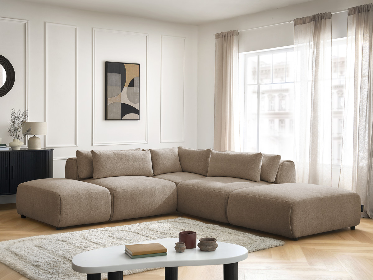 Modulaire vaste hoekbank met hoofdsteunen JANA gemêleerde stof met 2 fauteuils, 1 hoekelement en 2 poefs