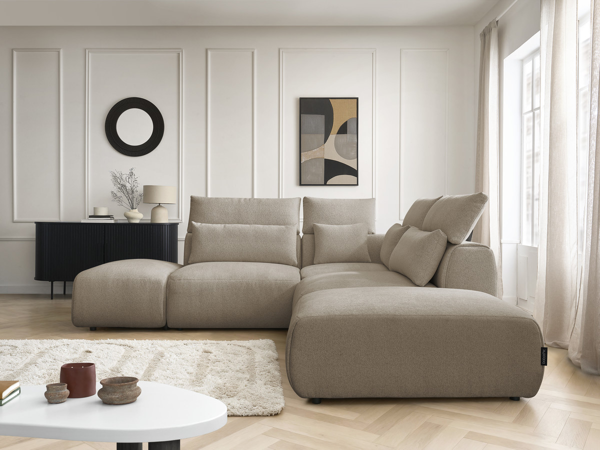 Modulaire vaste hoekbank met hoofdsteunen JANA gemêleerde stof met 2 fauteuils, 1 hoekelement en 2 poefs