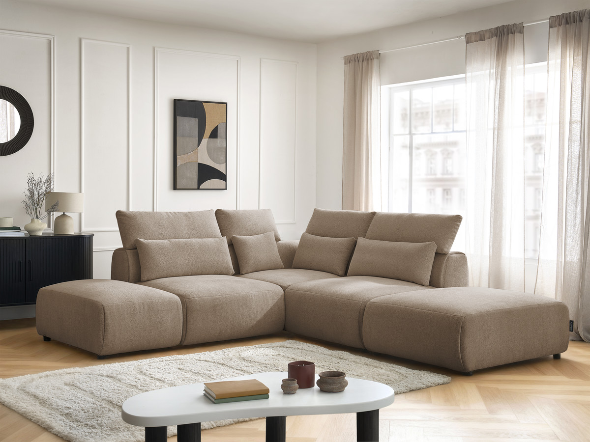 Modulaire vaste hoekbank met hoofdsteunen JANA gemêleerde stof met 2 fauteuils, 1 hoekelement en 2 poefs