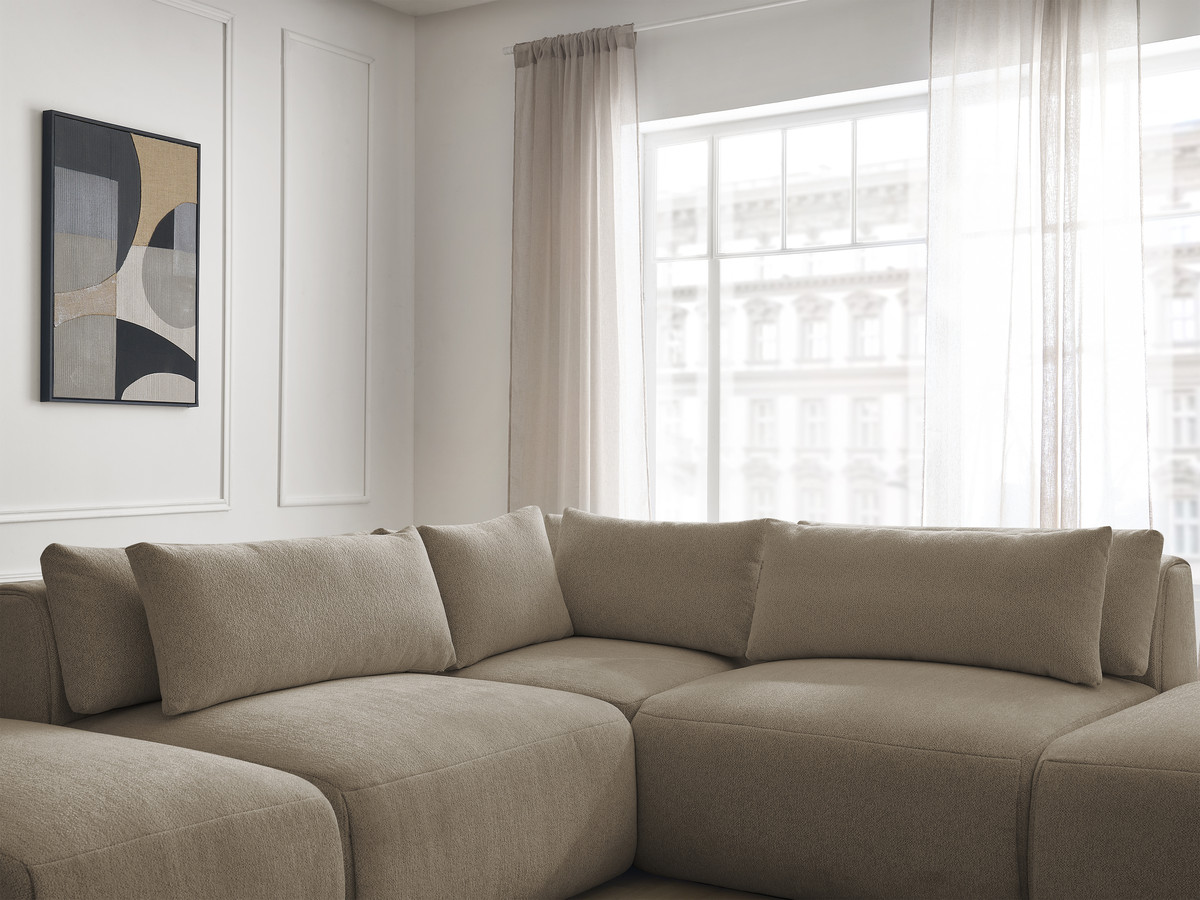 Modulaire vaste hoekbank met hoofdsteunen JANA gemêleerde stof met 2 fauteuils, 1 hoekelement en 2 poefs