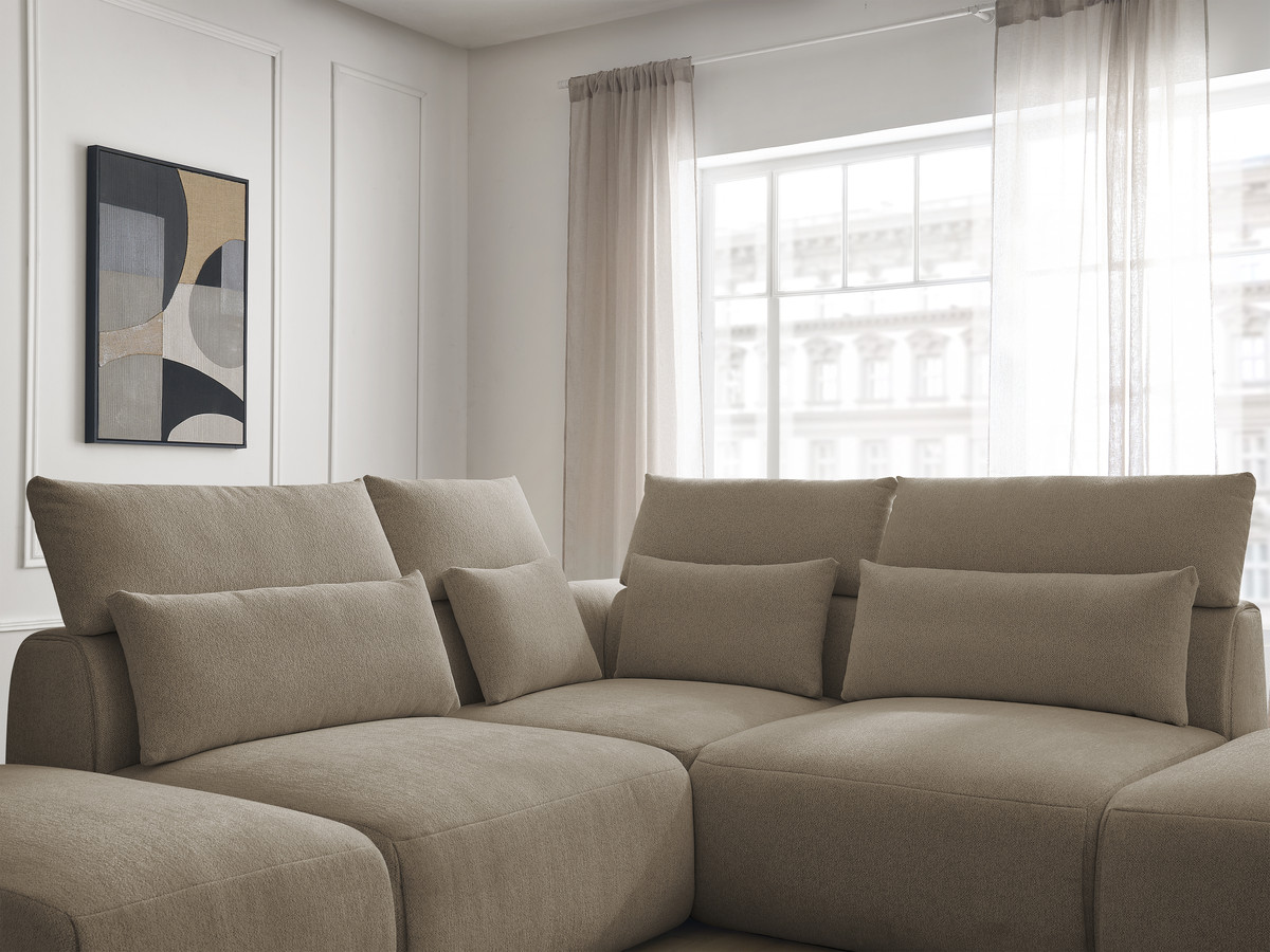 Modulaire vaste hoekbank met hoofdsteunen JANA gemêleerde stof met 2 fauteuils, 1 hoekelement en 2 poefs