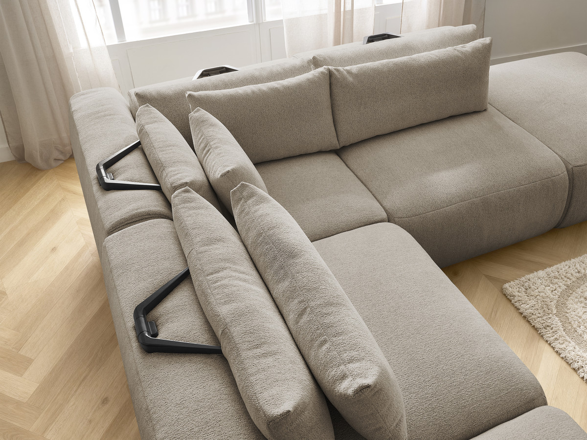 Modulaire vaste hoekbank met hoofdsteunen JANA gemêleerde stof met 2 fauteuils, 1 hoekelement en 2 poefs