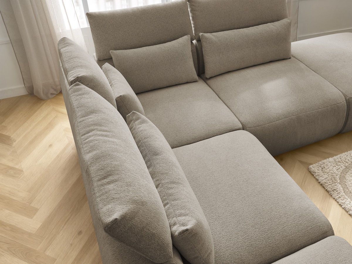 Modulaire vaste hoekbank met hoofdsteunen JANA gemêleerde stof met 2 fauteuils, 1 hoekelement en 2 poefs