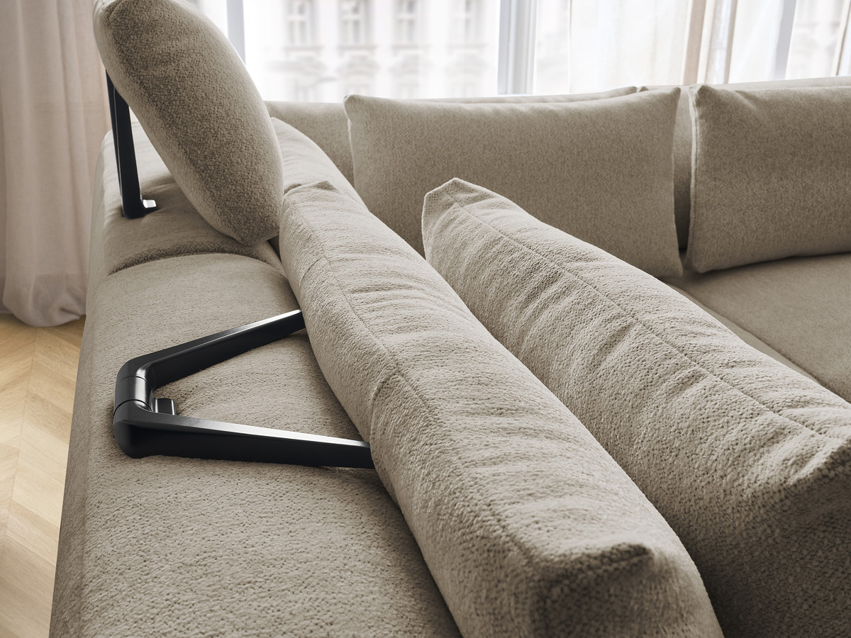 Modulaire vaste hoekbank met hoofdsteunen JANA gemêleerde stof met 2 fauteuils, 1 hoekelement en 2 poefs