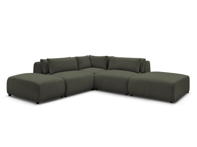 Canapé d'angle fixe modulable avec têtières JANA tissu chiné avec 2 chauffeuses, 1 angle et 2 poufs