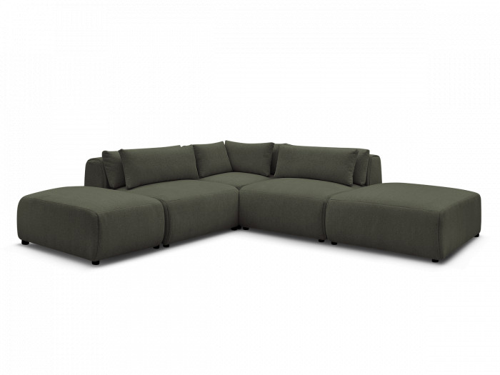 Canapé d'angle fixe modulable avec têtières JANA tissu chiné avec 2 chauffeuses, 1 angle et 2 poufs