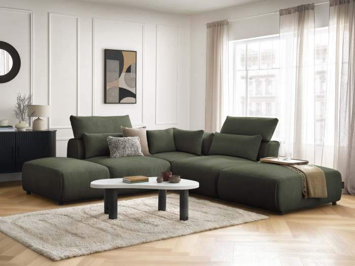 Canapé d'angle fixe modulable avec têtières JANA tissu chiné avec 2 chauffeuses, 1 angle et 2 poufs