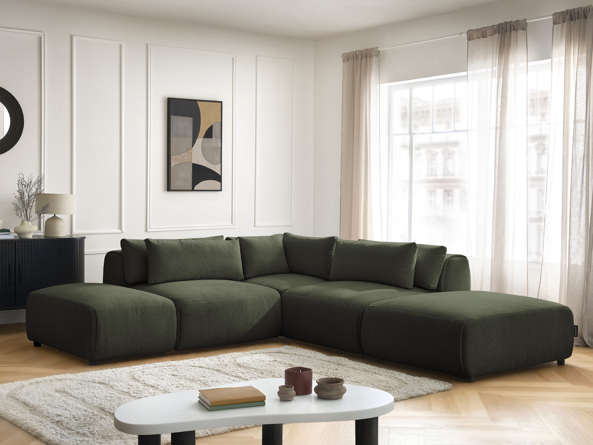 Modulaire vaste hoekbank met hoofdsteunen JANA gemêleerde stof met 2 fauteuils, 1 hoekelement en 2 poefs