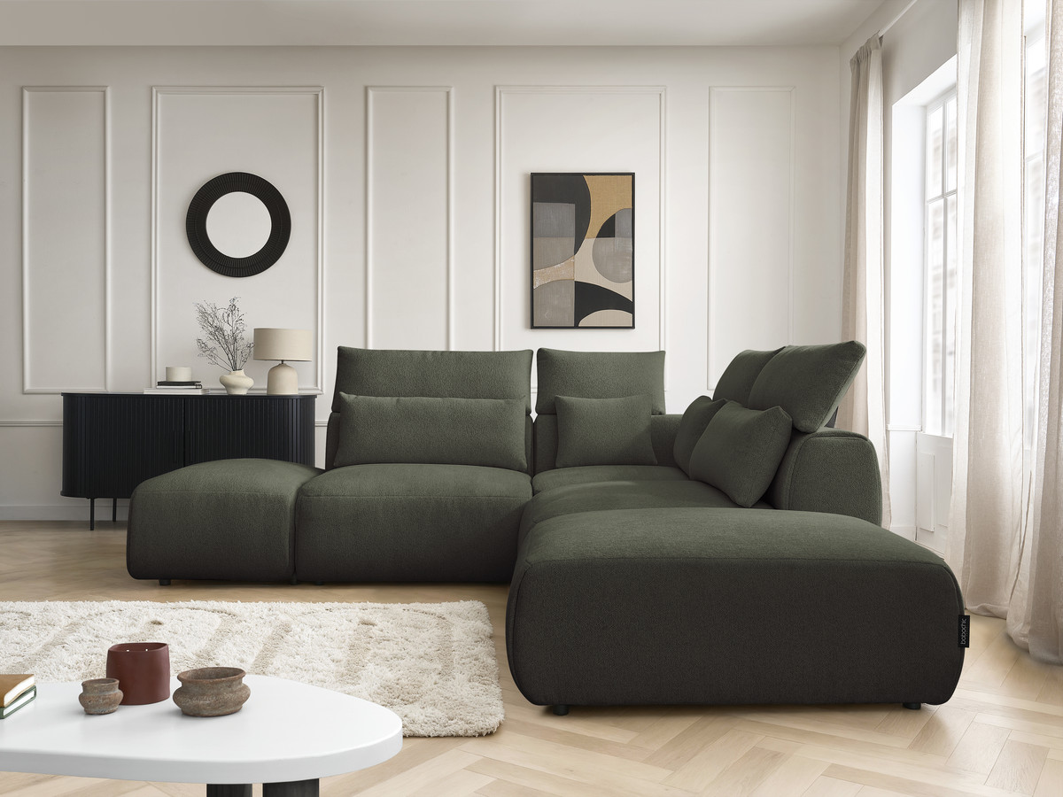 Modulaire vaste hoekbank met hoofdsteunen JANA gemêleerde stof met 2 fauteuils, 1 hoekelement en 2 poefs