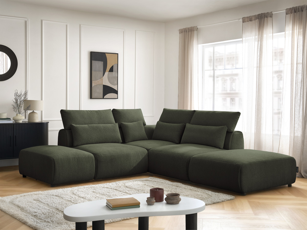 Modulaire vaste hoekbank met hoofdsteunen JANA gemêleerde stof met 2 fauteuils, 1 hoekelement en 2 poefs