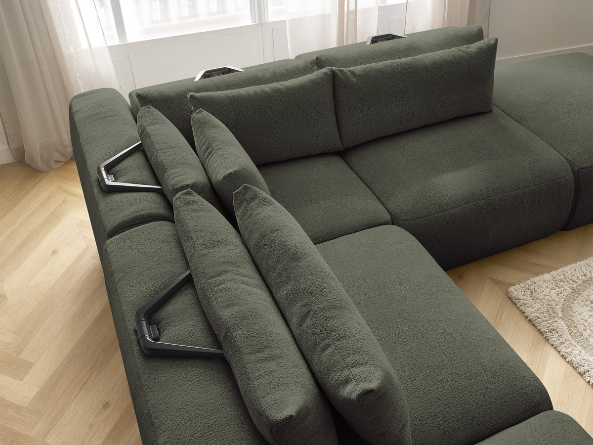 Modulaire vaste hoekbank met hoofdsteunen JANA gemêleerde stof met 2 fauteuils, 1 hoekelement en 2 poefs