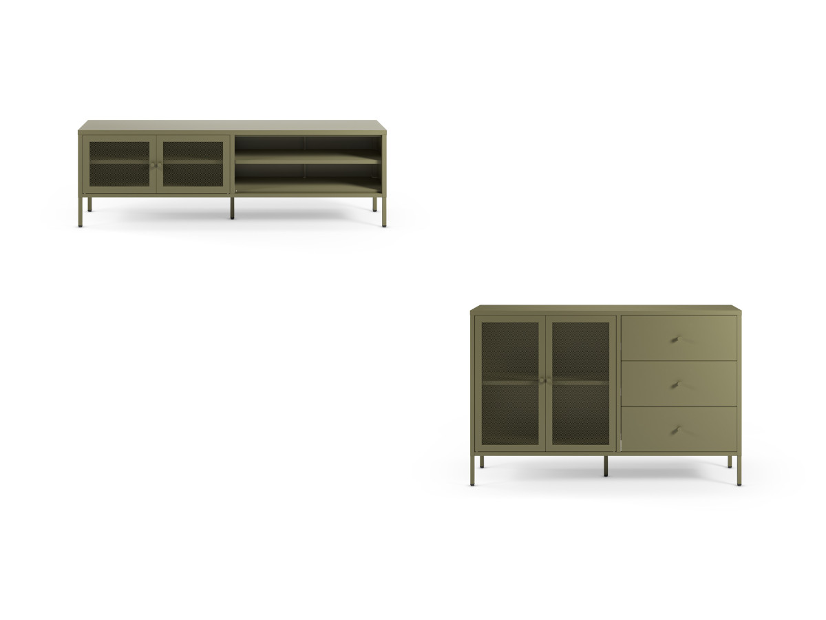 Meuble TV 2 portes 2 niches 160 cm CLARA métal + Buffet 2 portes 3 tiroirs 140 cm CLARA métal édition limitée