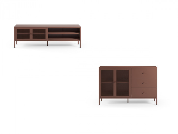 Meuble TV 2 portes 2 niches 160 cm CLARA métal + Buffet 2 portes 3 tiroirs 140 cm CLARA métal