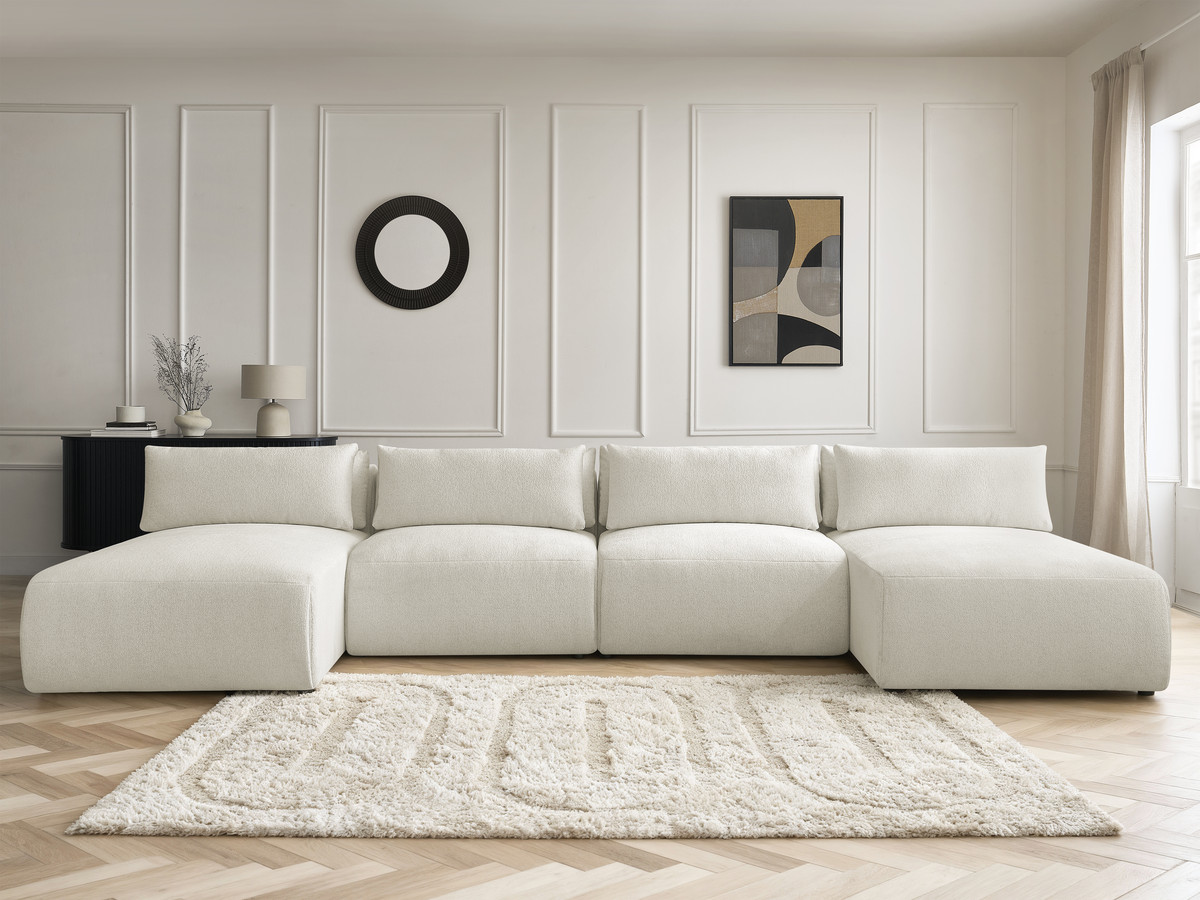 Modulaire vaste panoramabank met hoofdsteunen JANA gemêleerde stof met 2 chaise longues en 2 fauteuils