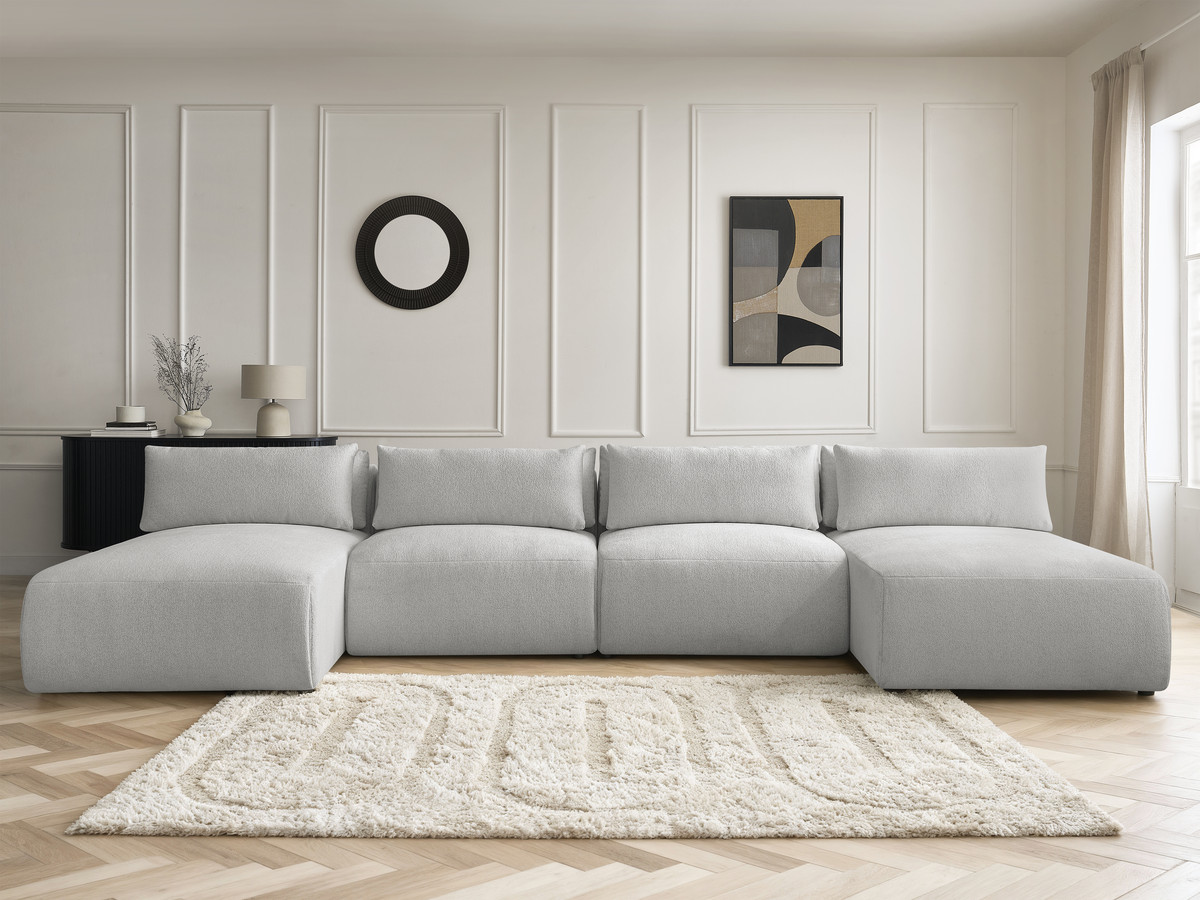 Modulaire vaste panoramabank met hoofdsteunen JANA gemêleerde stof met 2 chaise longues en 2 fauteuils