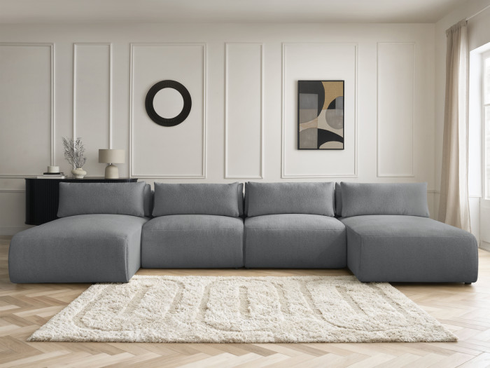 Canapé panoramique fixe modulable avec têtières JANA tissu chiné avec 2 méridiennes et 2 chauffeuses