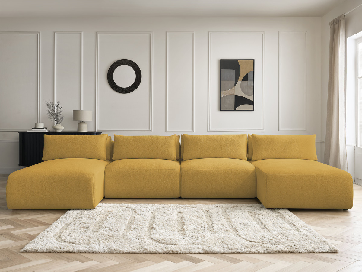 Modulaire vaste panoramabank met hoofdsteunen JANA gemêleerde stof met 2 chaise longues en 2 fauteuils