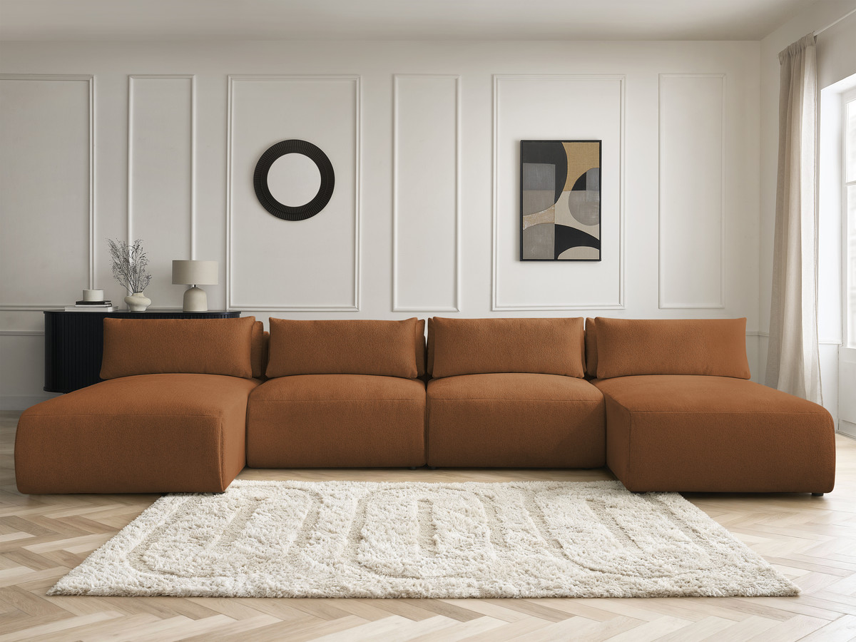 Modulaire vaste panoramabank met hoofdsteunen JANA gemêleerde stof met 2 chaise longues en 2 fauteuils