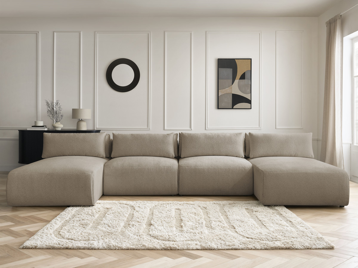 Modulaire vaste panoramabank met hoofdsteunen JANA gemêleerde stof met 2 chaise longues en 2 fauteuils