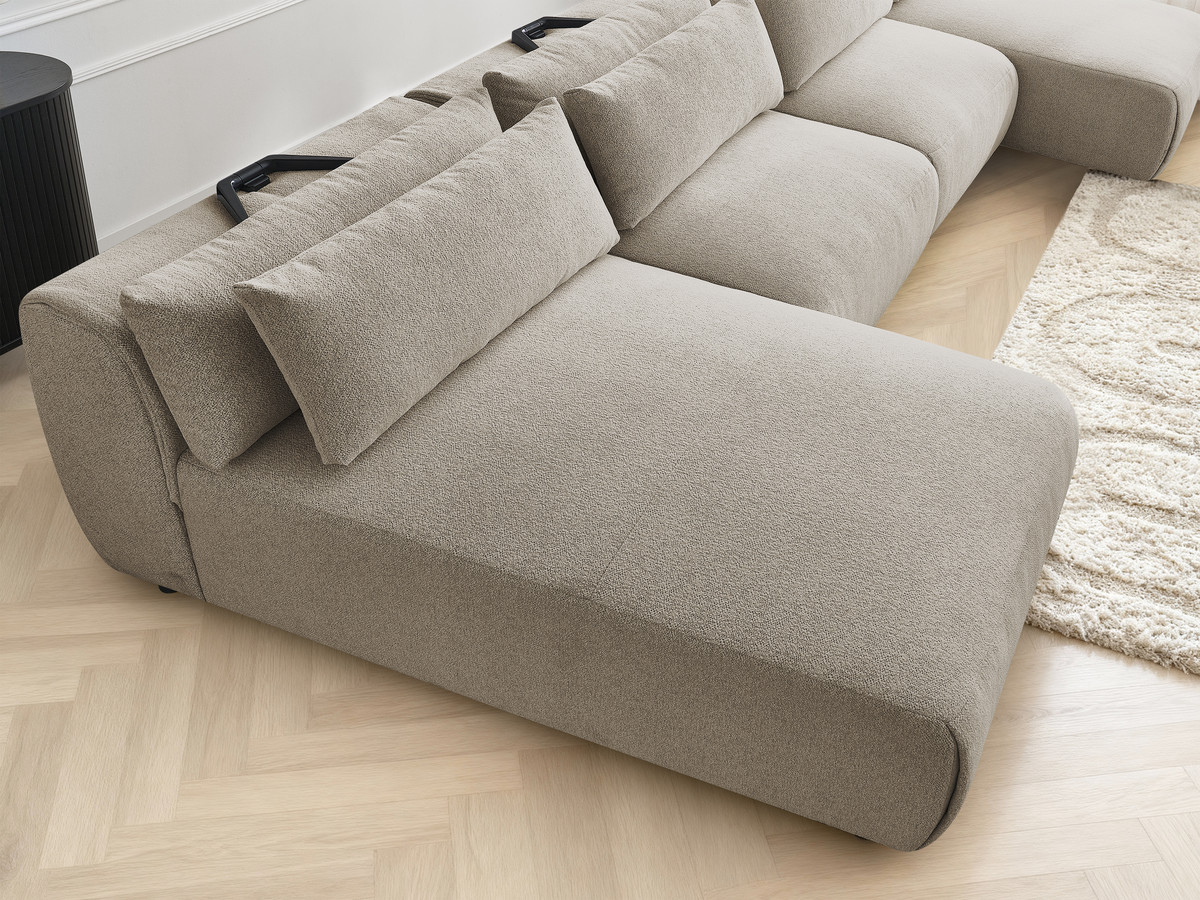 Modulaire vaste panoramabank met hoofdsteunen JANA gemêleerde stof met 2 chaise longues en 2 fauteuils