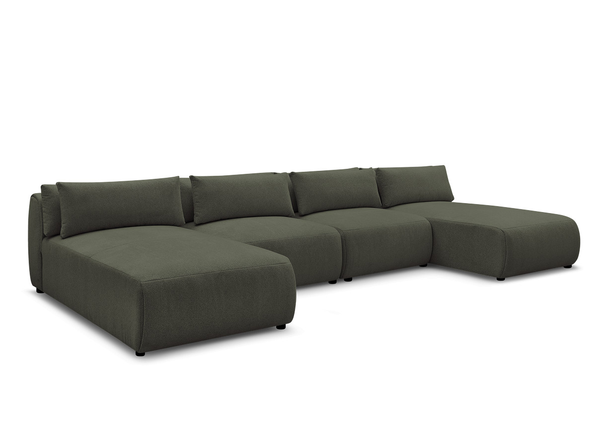modulaire vaste panoramabank met hoofdsteunen jana gemêleerde stof met 2 chaise longues en 2 fauteuils gekleurd groente