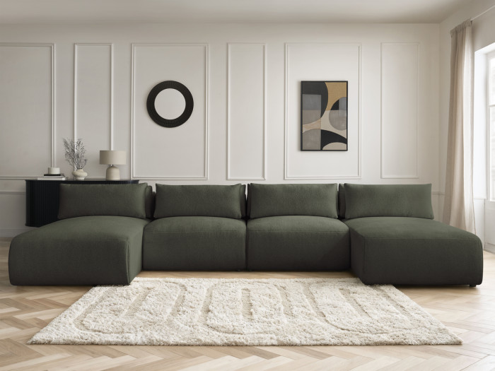 Canapé panoramique fixe modulable avec têtières JANA tissu chiné avec 2 méridiennes et 2 chauffeuses