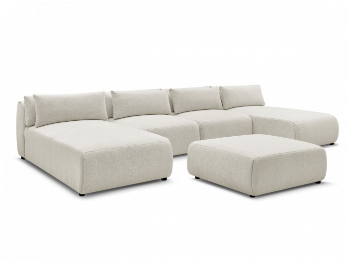 Canapé panoramique fixe modulable avec têtières JANA tissu chiné avec 2 méridiennes, 2 chauffeuses et 1 grand pouf