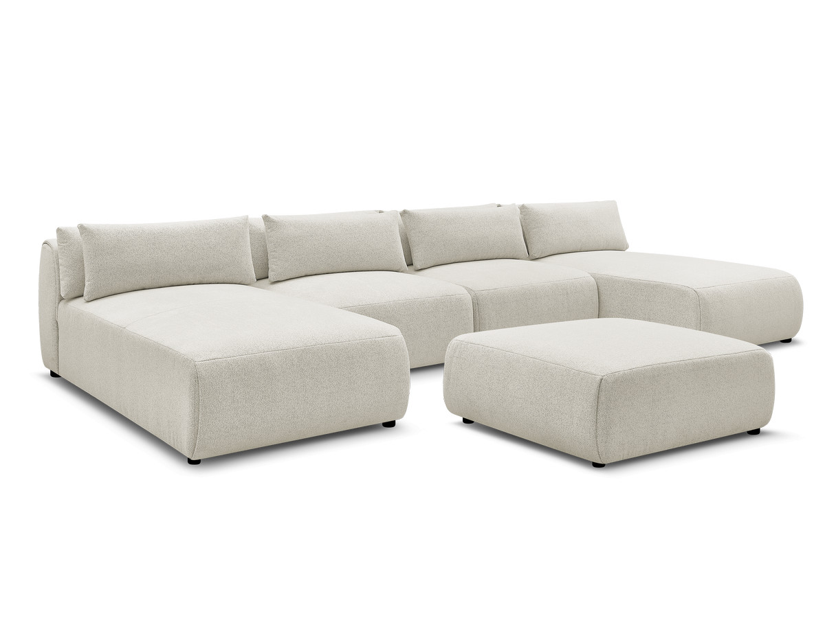 Canapé panoramique fixe modulable avec têtières JANA tissu chiné avec 2 méridiennes, 2 chauffeuses et 1 grand pouf