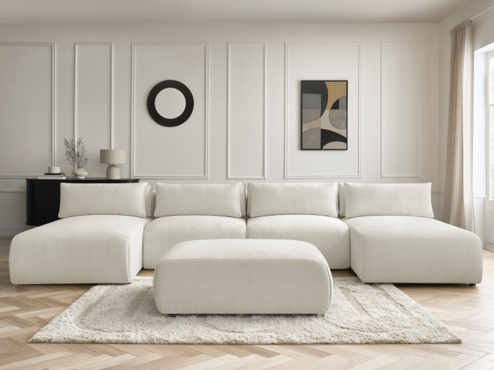 Canapé panoramique fixe modulable avec têtières JANA tissu chiné avec 2 méridiennes, 2 chauffeuses et 1 grand pouf