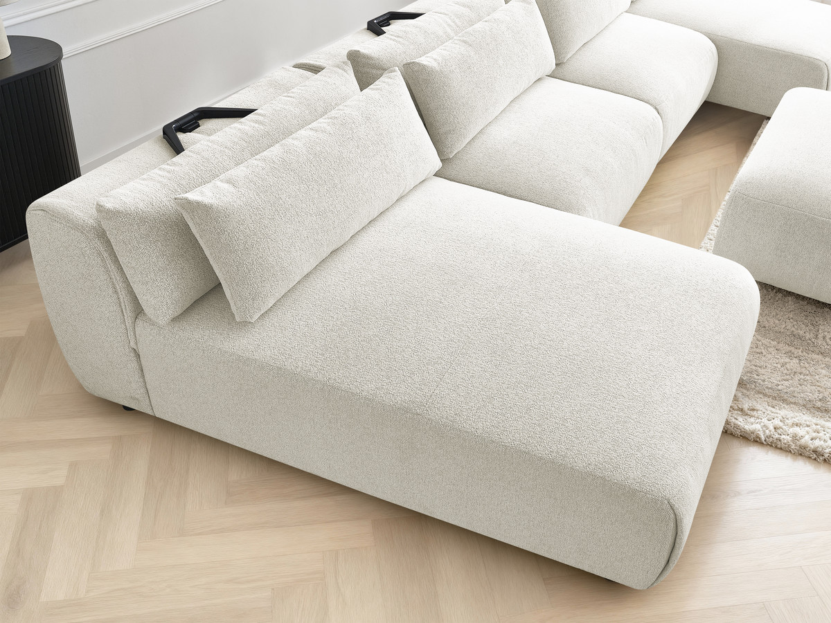 Modulaire vaste panoramabank met hoofdsteunen JANA gemêleerde stof met 2 chaise longues, 2 fauteuils en 1 grote poef