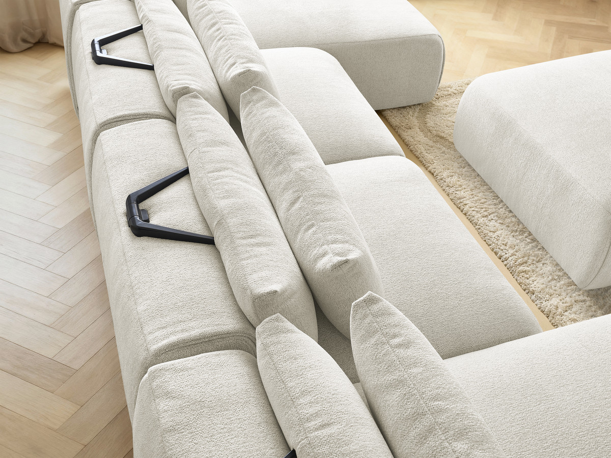 Modulaire vaste panoramabank met hoofdsteunen JANA gemêleerde stof met 2 chaise longues, 2 fauteuils en 1 grote poef