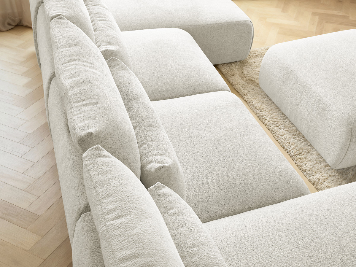 Modulaire vaste panoramabank met hoofdsteunen JANA gemêleerde stof met 2 chaise longues, 2 fauteuils en 1 grote poef