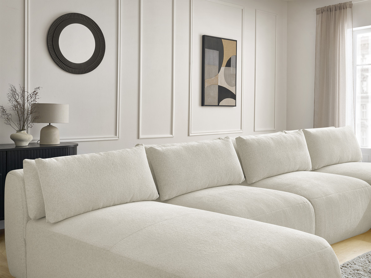 Modulaire vaste panoramabank met hoofdsteunen JANA gemêleerde stof met 2 chaise longues, 2 fauteuils en 1 grote poef