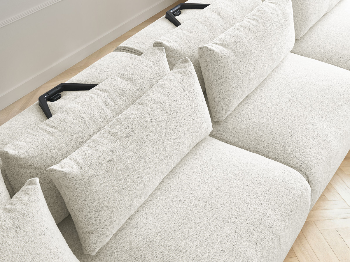 Modulaire vaste panoramabank met hoofdsteunen JANA gemêleerde stof met 2 chaise longues, 2 fauteuils en 1 grote poef