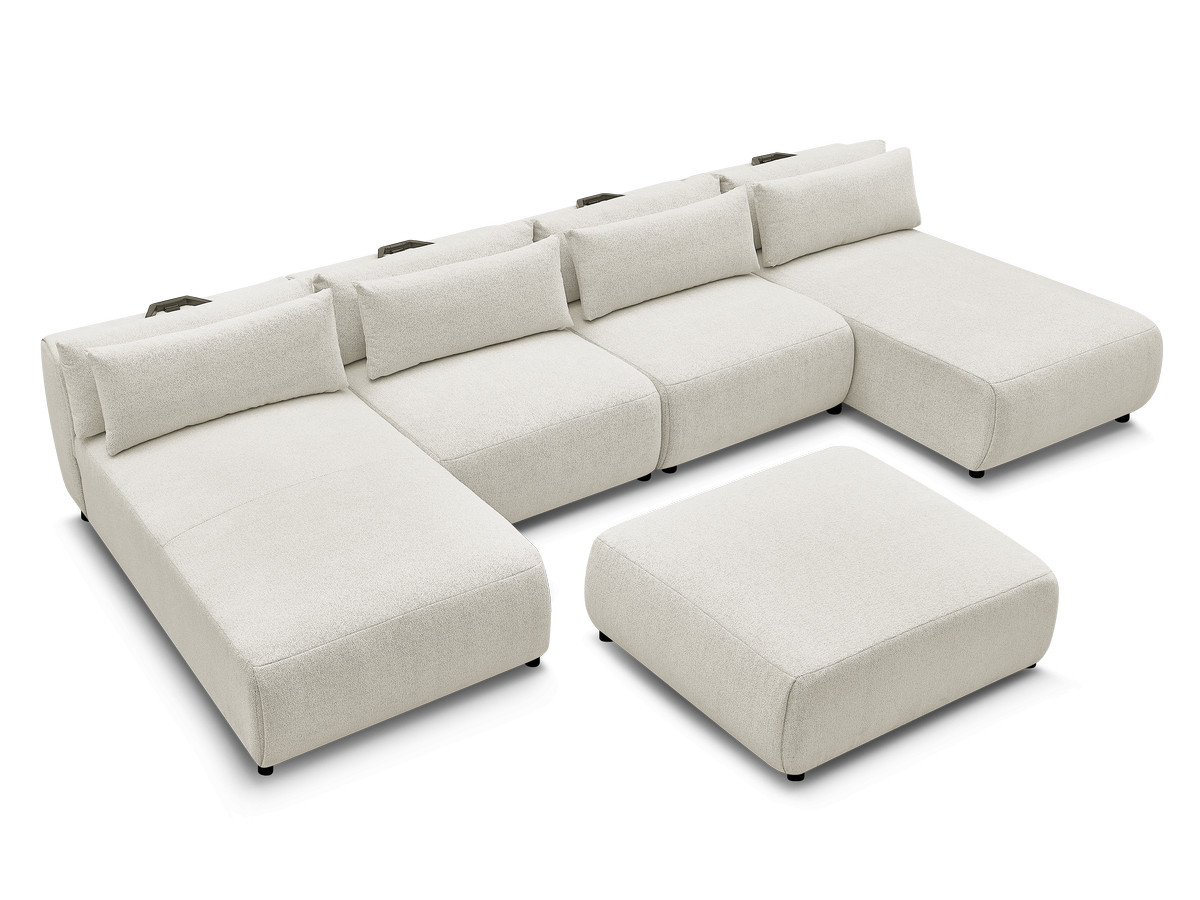 Modulaire vaste panoramabank met hoofdsteunen JANA gemêleerde stof met 2 chaise longues, 2 fauteuils en 1 grote poef