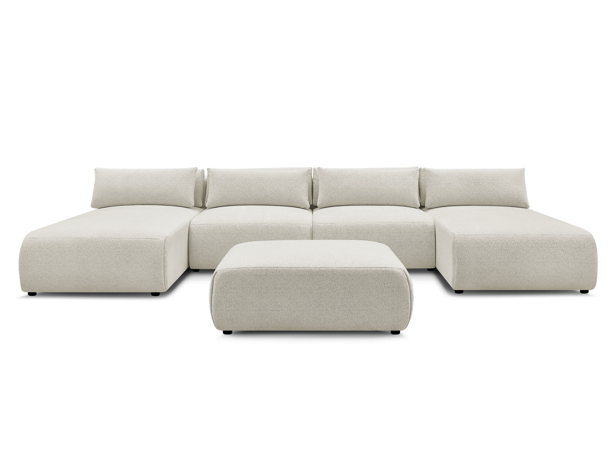 Modulaire vaste panoramabank met hoofdsteunen JANA gemêleerde stof met 2 chaise longues, 2 fauteuils en 1 grote poef