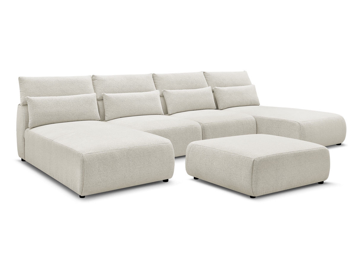 Modulaire vaste panoramabank met hoofdsteunen JANA gemêleerde stof met 2 chaise longues, 2 fauteuils en 1 grote poef