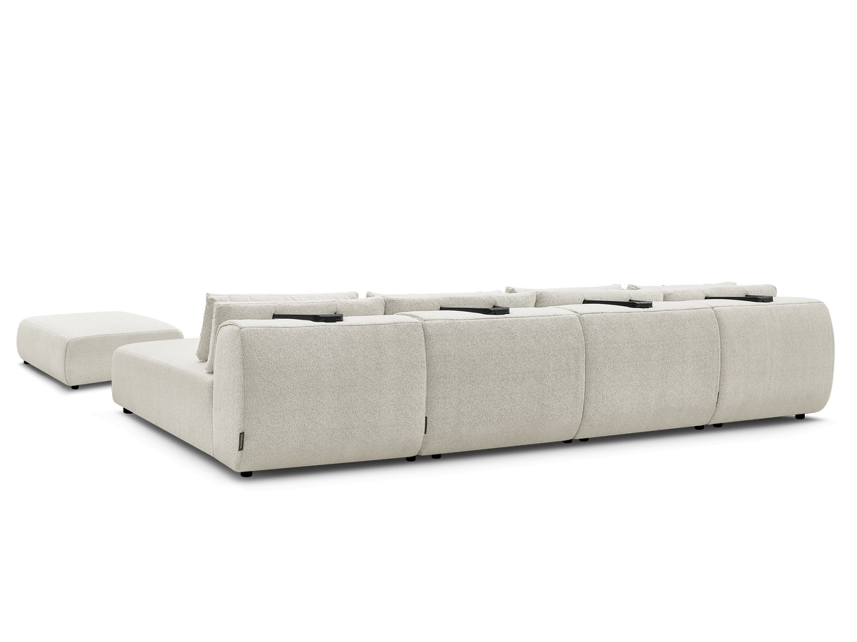 Modulaire vaste panoramabank met hoofdsteunen JANA gemêleerde stof met 2 chaise longues, 2 fauteuils en 1 grote poef
